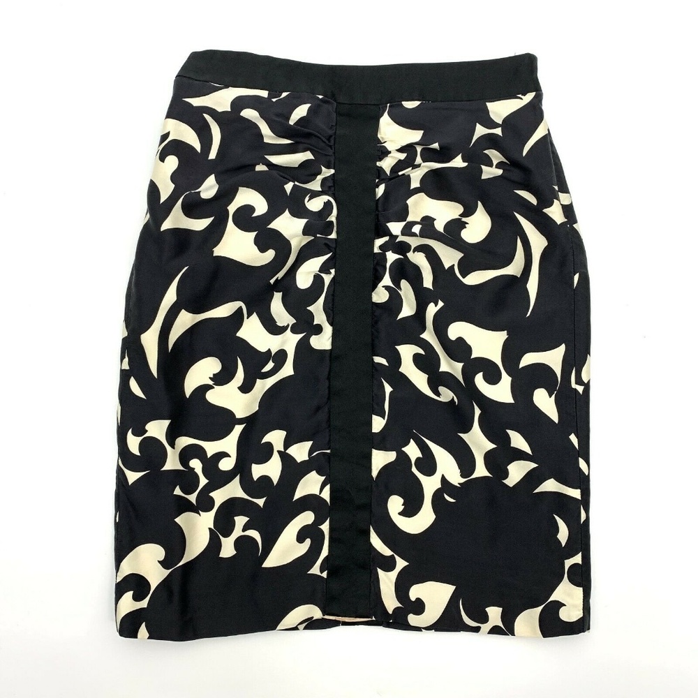 Milly New York 100% Silk Skirt Black Beige Satin Printed Pencil